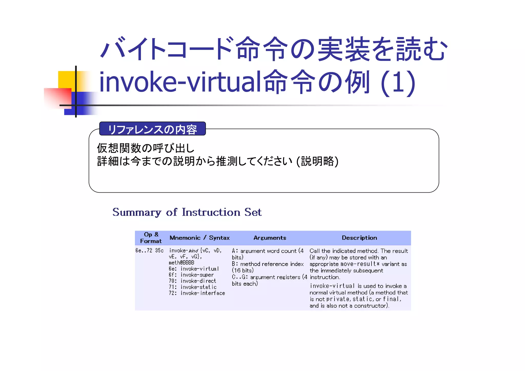 バイトコード命令の実装を読む
invoke-virtual命令の例 (1)
 リファレンスの内容
仮想関数の呼び出し
詳細は今までの説明から推測してください (説明略)
 