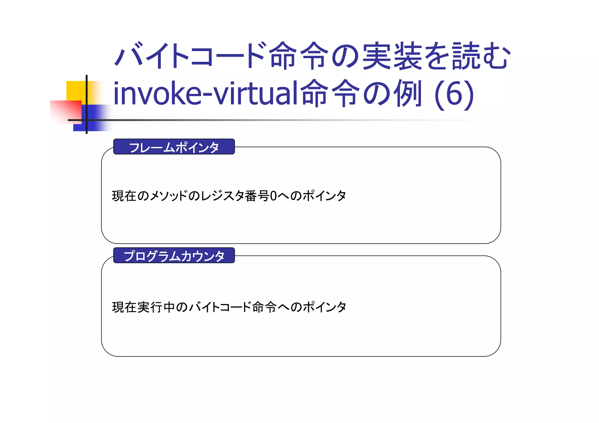 バイトコード命令の実装を読む
invoke-virtual命令の例 (6)
 フレームポインタ


現在のメソッドのレジスタ番号0へのポインタ



 プログラムカウンタ


現在実行中のバイトコード命令へのポインタ
 