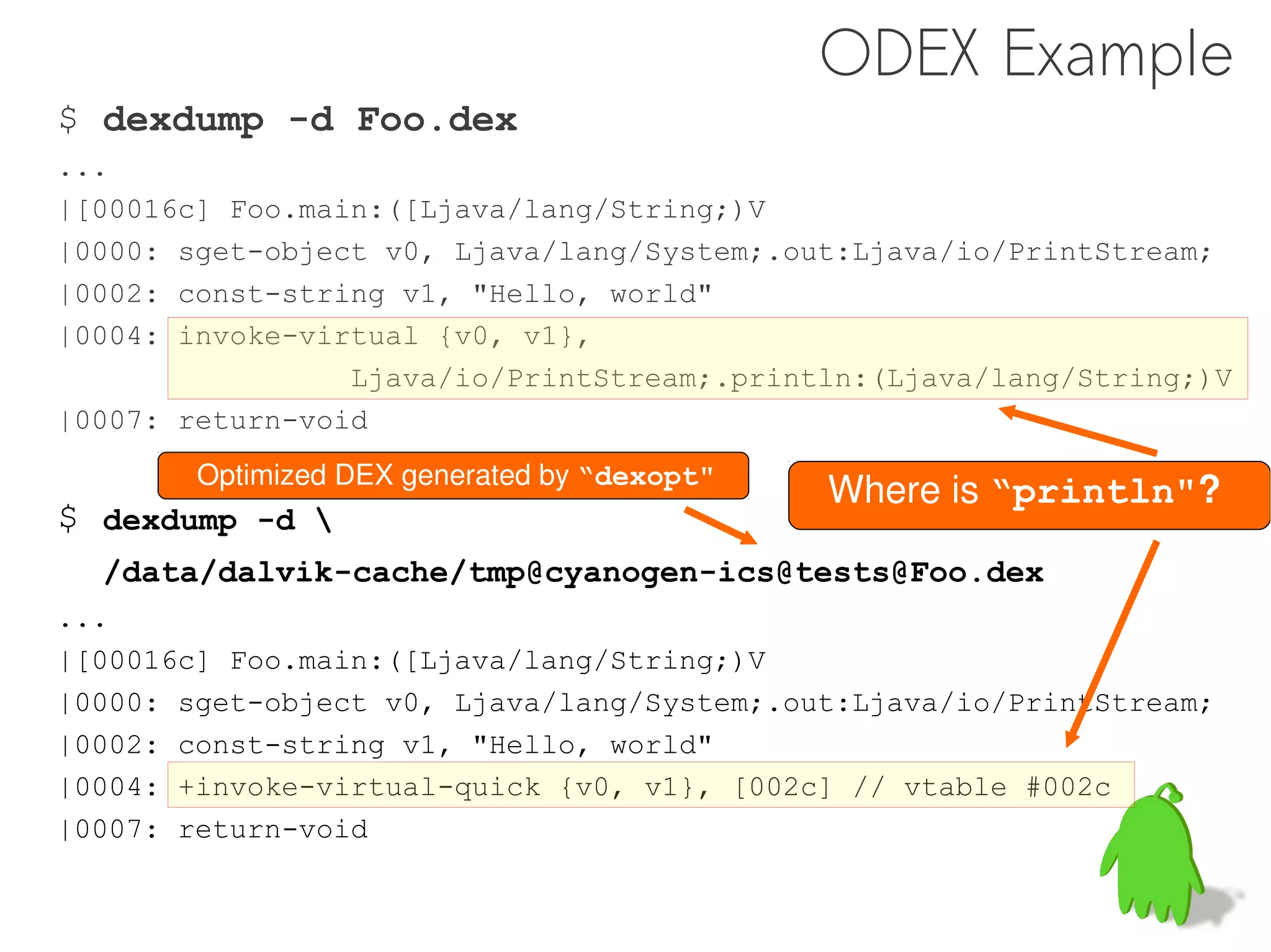 ODEX Example
$ dexdump -d Foo.dex
...
|[00016c] Foo.main:([Ljava/lang/String;)V
|0000: sget-object v0, Ljava/lang/System;.out:Ljava/io/PrintStream;
|0002: const-string v1, "Hello, world"
|0004: invoke-virtual {v0, v1},
                 Ljava/io/PrintStream;.println:(Ljava/lang/String;)V
|0007: return-void
        Optimized DEX generated by “dexopt"
                                              Where is “println"?
$ dexdump -d 
  /data/dalvik-cache/tmp@cyanogen-ics@tests@Foo.dex
...
|[00016c] Foo.main:([Ljava/lang/String;)V
|0000: sget-object v0, Ljava/lang/System;.out:Ljava/io/PrintStream;
|0002: const-string v1, "Hello, world"
|0004: +invoke-virtual-quick {v0, v1}, [002c] // vtable #002c
|0007: return-void
 