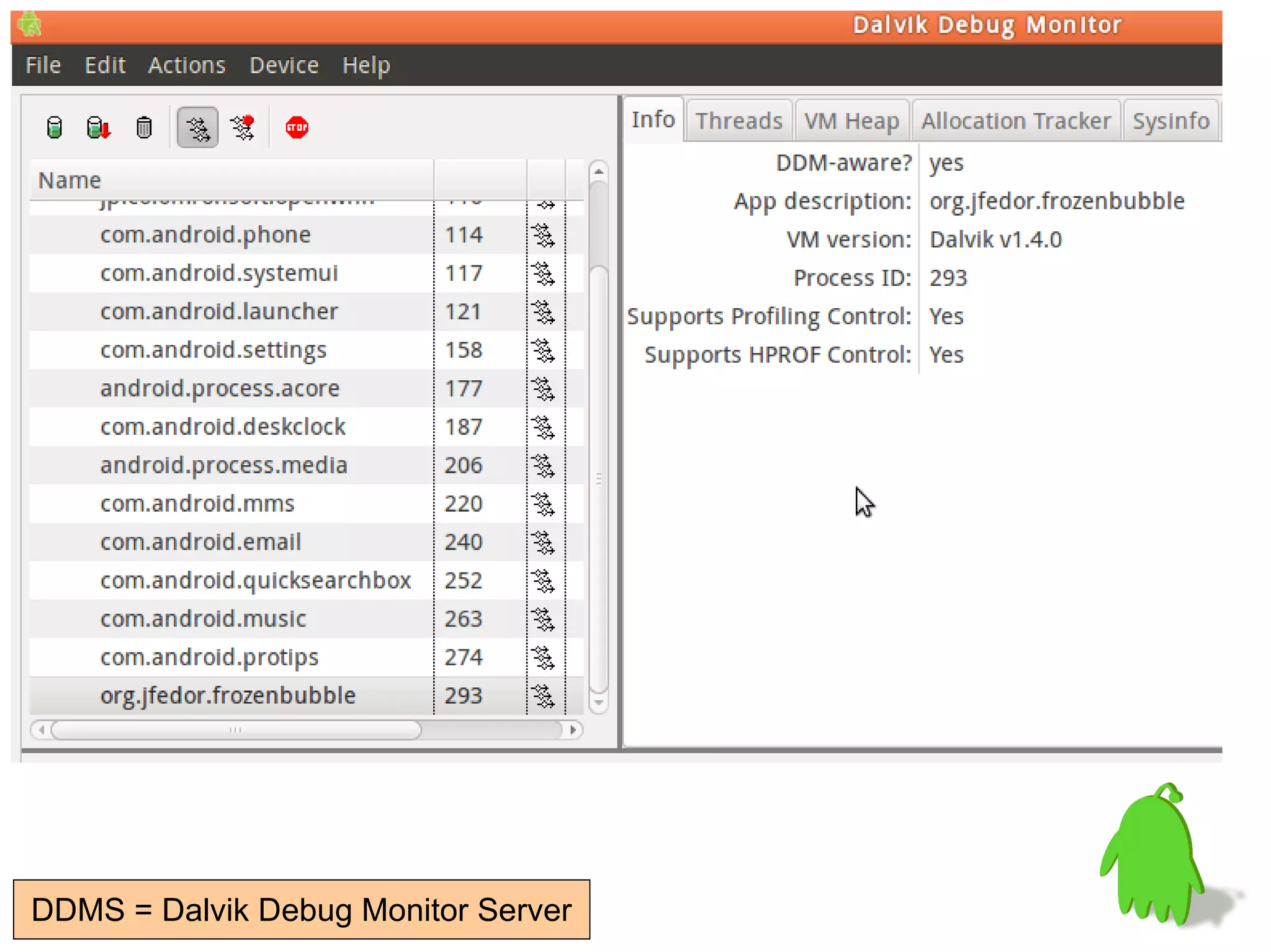 DDMS = Dalvik Debug Monitor Server
 