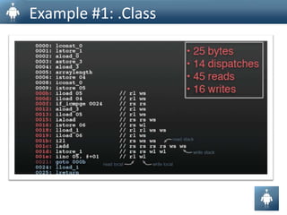 It executes its own Dalvik byte code rather than Java byte code	 	Why android choose Dalvik?Dalvik (Register based) take average 47 % less executed VM instruction then JVM (Stack based).
