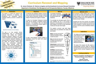 Dr. Janice Chisholm, Dr. Patricia Livingston and the Anesthesia Curriculum Renewal Committee
Department of Anesthesia, Pain Management and Perioperative Medicine, Faculty of Medicine
Introduction Objectives Methods
Implications
The project is a review and renewal of the
Dalhousie Department of Anesthesia, Pain
Management and Perioperative Medicine
anesthesia residency curriculum to enhance the
program.
The goal is to train excellent clinician
anesthesiologists using an outcomes-based
curriculum that embeds the CanMEDS
competency framework. Adopted by the Royal
College of Physicians and Surgeons, CanMEDS
is an educational framework identifying and
describing seven roles that lead to optimal health
and health care outcomes: medical expert
(central role), communicator, collaborator,
manager, health advocate, scholar and
professional. The curriculum renewal initiative will
identify where and how each CanMEDS role is
achieved throughout the anesthesia residency
program.
The initiative will be evaluated through a research
project designed to assess
the curriculum review
process and the impact of
the revised curriculum and
mapping software on
learners and instructors.
The results of this research will offer insights on
outcomes-based curriculum design for teaching
and learning and will also explore the use of digital
mapping for both curriculum designers and end-
users.
Funding provided by
Department of Anesthesia, Pain Management and
Perioperative Medicine, Faculty of Medicine
And
Dalhousie University
Academic Innovation Fund
To restructure the anesthesia residency curriculum
using outcomes-based format ensuring it continues
to meet training requirements identified by Royal
College of Physicians and Surgeons of Canada.
To define the Entrustable Professional Activities
(EPA) that are expected of anesthesia residency
graduates – the knowledge, skills, and attitudes
necessary for consultant-level practice applied in
variable clinical environments.
To apply custom-designed mapping software to
meaningfully connect the learner with program
content and flow.
Methods cont’d
The curriculum is being mapped using a program
that will allow both broad and detailed views of the
residency program. As the mapping identifies gaps
and areas of overlap, they can be addressed in an
iterative curriculum redesign.
Throughout the life of the curriculum, the mapping
software will be used by students and instructors as
a central repository for learning resources and will
continue to chart the course of anesthesia residency
education.
A committee of anesthesia
staff, residents, administrators,
and external experts was
established.
The committee has articulated specific EPAs for
each CanMEDS role and is in the process of
designing an outcomes-based curriculum which is
being mapped to the EPAs for easy identification
of where and how each will be taught.
The academic curriculum uses spiral design
whereby topics are penetrated more deeply with
each iteration.
Review is a final year course that allows
integration and synthesis of multiple
components of anesthesia to prepare for
consultant level practice.
Core is a two-year course using a deep
investigation of the body systems and
how multiple disease states impact
anesthesia practice.
Problem Rounds are resident led sessions
that work through practical evaluation and
management of common and rare anesthesia
emergencies.
Foundations is a one-year course for
junior residents to teach the fundamentals
of anesthesia practice. This course
includes pre-operative assessment,
pharmacology and physiology, anesthesia
equipment and anesthesia practice.
Orientation is a short course that covers
basic practical details needed for anesthesia
residency.
Figure 1: Harden,R.M. and N.Stamper,(1999). What is a spiral curriculum? (article), Medical
Teacher, 21:2, p142.
Figure 1
 