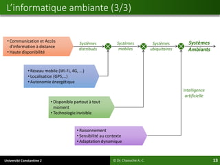 Université Constantine 2 13
L’informatique ambiante (3/3)
© Dr. Chaouche A.-C.
• Raisonnement
• Sensibilité au contexte
• Adaptation dynamique
Intelligence
artificielle
Systèmes
Ambiants
Systèmes
distribués
Systèmes
mobiles
Systèmes
ubiquitaires
• Disponible partout à tout
moment
• Technologie invisible
• Communication et Accès
d’information à distance
• Haute disponibilité
• Réseau mobile (Wi-Fi, 4G, ...)
• Localisation (GPS,…)
• Autonomie énergétique
 