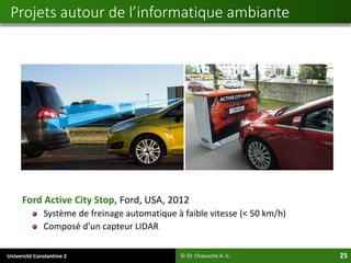 Université Constantine 2 25
Ford Active City Stop, Ford, USA, 2012
Système de freinage automatique à faible vitesse (< 50 km/h)
Composé d’un capteur LIDAR
© Dr. Chaouche A.-C.
Projets autour de l’informatique ambiante
 