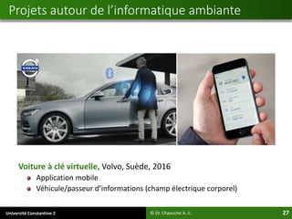 Université Constantine 2 27
Voiture à clé virtuelle, Volvo, Suède, 2016
Application mobile
Véhicule/passeur d’informations (champ électrique corporel)
© Dr. Chaouche A.-C.
Projets autour de l’informatique ambiante
 