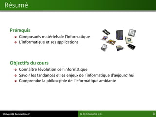 Université Constantine 2 3
Prérequis
Composants matériels de l'informatique
L’informatique et ses applications
Objectifs du cours
Connaître l'évolution de l'informatique
Savoir les tendances et les enjeux de l’informatique d’aujourd’hui
Comprendre la philosophie de l'informatique ambiante
Résumé
© Dr. Chaouche A.-C.
 