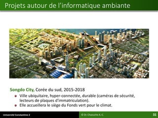 Université Constantine 2 31
Songdo City, Corée du sud, 2015-2018
Ville ubiquitaire, hyper-connectée, durable (caméras de sécurité,
lecteurs de plaques d'immatriculation).
Elle accueillera le siège du Fonds vert pour le climat.
© Dr. Chaouche A.-C.
Projets autour de l’informatique ambiante
 