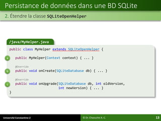 Université Constantine 2 13
Persistance de données dans une BD SQLite
2. Étendre la classe SQLiteOpenHelper
© Dr. Chaouche A.-C.
/java/MyHelper.java
public class MyHelper extends SQLiteOpenHelper {
public MyHelper(Context context) { ... }
@Override
public void onCreate(SQLiteDatabase db) { ... }
@Override
public void onUpgrade(SQLiteDatabase db, int oldVersion,
int newVersion) { ... }
}
a
b
c
 