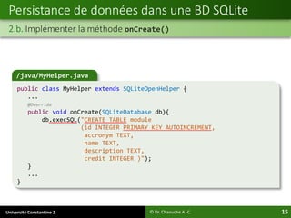 Université Constantine 2 15
Persistance de données dans une BD SQLite
2.b. Implémenter la méthode onCreate()
© Dr. Chaouche A.-C.
/java/MyHelper.java
public class MyHelper extends SQLiteOpenHelper {
...
@Override
public void onCreate(SQLiteDatabase db){
db.execSQL("CREATE TABLE module
(id INTEGER PRIMARY KEY AUTOINCREMENT,
accronym TEXT,
name TEXT,
description TEXT,
credit INTEGER )");
}
...
}
 