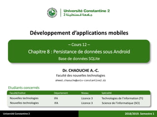 Université Constantine 2
Etudiants concernés
Faculté/Institut Département Niveau Spécialité
2018/2019. Semestre 1
Dr. CHAOUCHE A.-C.
Faculté des nouvelles technologies
ahmed.chaouche@univ-constantine2.dz
Développement d’applications mobiles
Licence 3 Technologies de l’information (TI)Nouvelles technologies IFA
Licence 3 Science de l’informatique (SCI)Nouvelles technologies IFA
– Cours 12 –
Chapitre 8 : Persistance de données sous Android
Base de données SQLite
 