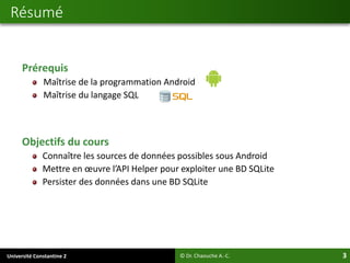 Université Constantine 2 3
Prérequis
Maîtrise de la programmation Android
Maîtrise du langage SQL
Objectifs du cours
Connaître les sources de données possibles sous Android
Mettre en œuvre l’API Helper pour exploiter une BD SQLite
Persister des données dans une BD SQLite
Résumé
© Dr. Chaouche A.-C.
 
