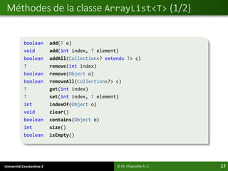 Université Constantine 2 17
Méthodes de la classe ArrayList<T> (1/2)
© Dr. Chaouche A.-C.
boolean add(T e)
void add(int index, T element)
boolean addAll(Collection<? extends T> c)
T remove(int index)
boolean remove(Object o)
boolean removeAll(Collection<?> c)
T get(int index)
T set(int index, T element)
int indexOf(Object o)
void clear()
boolean contains(Object o)
int size()
boolean isEmpty()
 