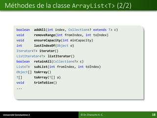 Université Constantine 2 18
Méthodes de la classe ArrayList<T> (2/2)
© Dr. Chaouche A.-C.
boolean addAll(int index, Collection<? extends T> c)
void removeRange(int fromIndex, int toIndex)
void ensureCapacity(int minCapacity)
int lastIndexOf(Object o)
Iterator<T> iterator()
ListIterator<T> listIterator()
boolean retainAll(Collection<?> c)
List<T> subList(int fromIndex, int toIndex)
Object[] toArray()
T[] toArray(T[] a)
void trimToSize()
...
 
