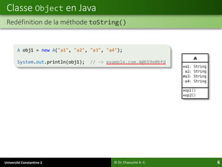 Université Constantine 2 6
Classe Object en Java
© Dr. Chaouche A.-C.
Redéfinition de la méthode toString()
A obj1 = new A("a1", "a2", "a3", "a4");
System.out.println(obj1); // -> example.com.A@659e0bfd
 