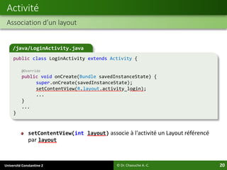 Université Constantine 2 20
setContentView(int layout) associe à l'activité un Layout référencé
par layout
Activité
Association d’un layout
© Dr. Chaouche A.-C.
/java/LoginActivity.java
public class LoginActivity extends Activity {
@Override
public void onCreate(Bundle savedInstanceState) {
super.onCreate(savedInstanceState);
setContentView(R.layout.activity_login);
...
}
...
}
 