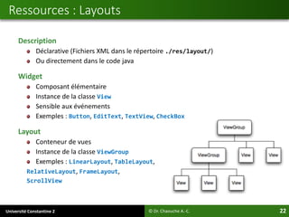 Université Constantine 2 22
Description
Déclarative (Fichiers XML dans le répertoire ./res/layout/)
Ou directement dans le code java
Widget
Composant élémentaire
Instance de la classe View
Sensible aux événements
Exemples : Button, EditText, TextView, CheckBox
Layout
Conteneur de vues
Instance de la classe ViewGroup
Exemples : LinearLayout, TableLayout,
RelativeLayout, FrameLayout,
ScrollView
Ressources : Layouts
© Dr. Chaouche A.-C.
 