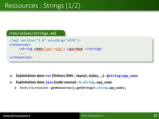 Université Constantine 2 27
Exploitation dans res (fichiers XML : layout, styles, …) : @string/app_name
Exploitation dans java (code source) : R.string.app_name
Accès à la ressource : getResources().getString(R.string.app_name);
Ressources : Strings (1/2)
© Dr. Chaouche A.-C.
/res/values/strings.xml
<?xml version="1.0" encoding="utf8"?>
<resources>
<string name="app_name"> LearnApp </string>
...
</resources>
 