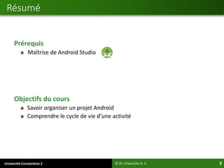 Université Constantine 2 3
Prérequis
Maîtrise de Android Studio
Objectifs du cours
Savoir organiser un projet Android
Comprendre le cycle de vie d’une activité
Résumé
© Dr. Chaouche A.-C.
 