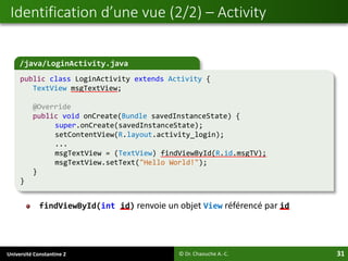 Université Constantine 2 31
findViewById(int id) renvoie un objet View référencé par id
Identification d’une vue (2/2) – Activity
© Dr. Chaouche A.-C.
/java/LoginActivity.java
public class LoginActivity extends Activity {
TextView msgTextView;
@Override
public void onCreate(Bundle savedInstanceState) {
super.onCreate(savedInstanceState);
setContentView(R.layout.activity_login);
...
msgTextView = (TextView) findViewById(R.id.msgTV);
msgTextView.setText("Hello World!");
}
}
 