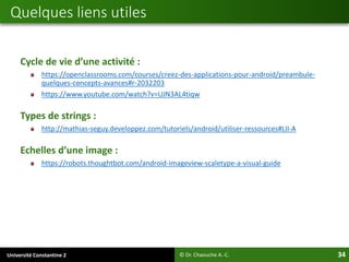 Université Constantine 2 34
Cycle de vie d’une activité :
https://openclassrooms.com/courses/creez-des-applications-pour-android/preambule-
quelques-concepts-avances#r-2032203
https://www.youtube.com/watch?v=UJN3AL4tiqw
Types de strings :
http://mathias-seguy.developpez.com/tutoriels/android/utiliser-ressources#LII-A
Echelles d’une image :
https://robots.thoughtbot.com/android-imageview-scaletype-a-visual-guide
Quelques liens utiles
© Dr. Chaouche A.-C.
 