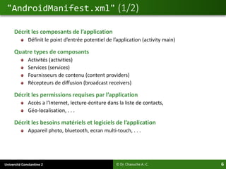 Université Constantine 2 6
Décrit les composants de l’application
Définit le point d’entrée potentiel de l’application (activity main)
Quatre types de composants
Activités (activities)
Services (services)
Fournisseurs de contenu (content providers)
Récepteurs de diffusion (broadcast receivers)
Décrit les permissions requises par l’application
Accès a l’Internet, lecture-écriture dans la liste de contacts,
Géo-localisation, . . .
Décrit les besoins matériels et logiciels de l’application
Appareil photo, bluetooth, ecran multi-touch, . . .
"AndroidManifest.xml" (1/2)
© Dr. Chaouche A.-C.
 