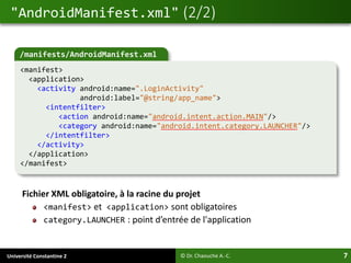 Université Constantine 2 7
Fichier XML obligatoire, à la racine du projet
<manifest> et <application> sont obligatoires
category.LAUNCHER : point d’entrée de l'application
"AndroidManifest.xml" (2/2)
© Dr. Chaouche A.-C.
/manifests/AndroidManifest.xml
<manifest>
<application>
<activity android:name=".LoginActivity"
android:label="@string/app_name">
<intentfilter>
<action android:name="android.intent.action.MAIN"/>
<category android:name="android.intent.category.LAUNCHER"/>
</intentfilter>
</activity>
</application>
</manifest>
 
