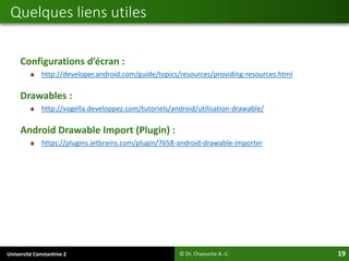 Université Constantine 2 19
Configurations d’écran :
http://developer.android.com/guide/topics/resources/providing-resources.html
Drawables :
http://vogella.developpez.com/tutoriels/android/utilisation-drawable/
Android Drawable Import (Plugin) :
https://plugins.jetbrains.com/plugin/7658-android-drawable-importer
Quelques liens utiles
© Dr. Chaouche A.-C.
 