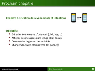 Université Constantine 2 21
Chapitre 6 : Gestion des évènements et intentions
Objectifs :
Gérer les évènements d’une vues (click, key, ...)
Afficher des messages dans le Log et les Toasts
Comprendre la gestion des activités
Changer d’activité et transférer des données
Prochain chapitre
© Dr. Chaouche A.-C.
 