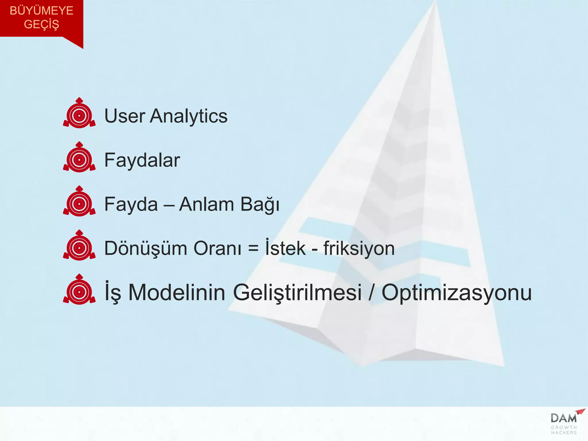 User Analytics
Faydalar
Fayda – Anlam Bağı
Dönüşüm Oranı = İstek - friksiyon
İş Modelinin Geliştirilmesi / Optimizasyonu
BÜYÜMEYE
GEÇİŞ
 