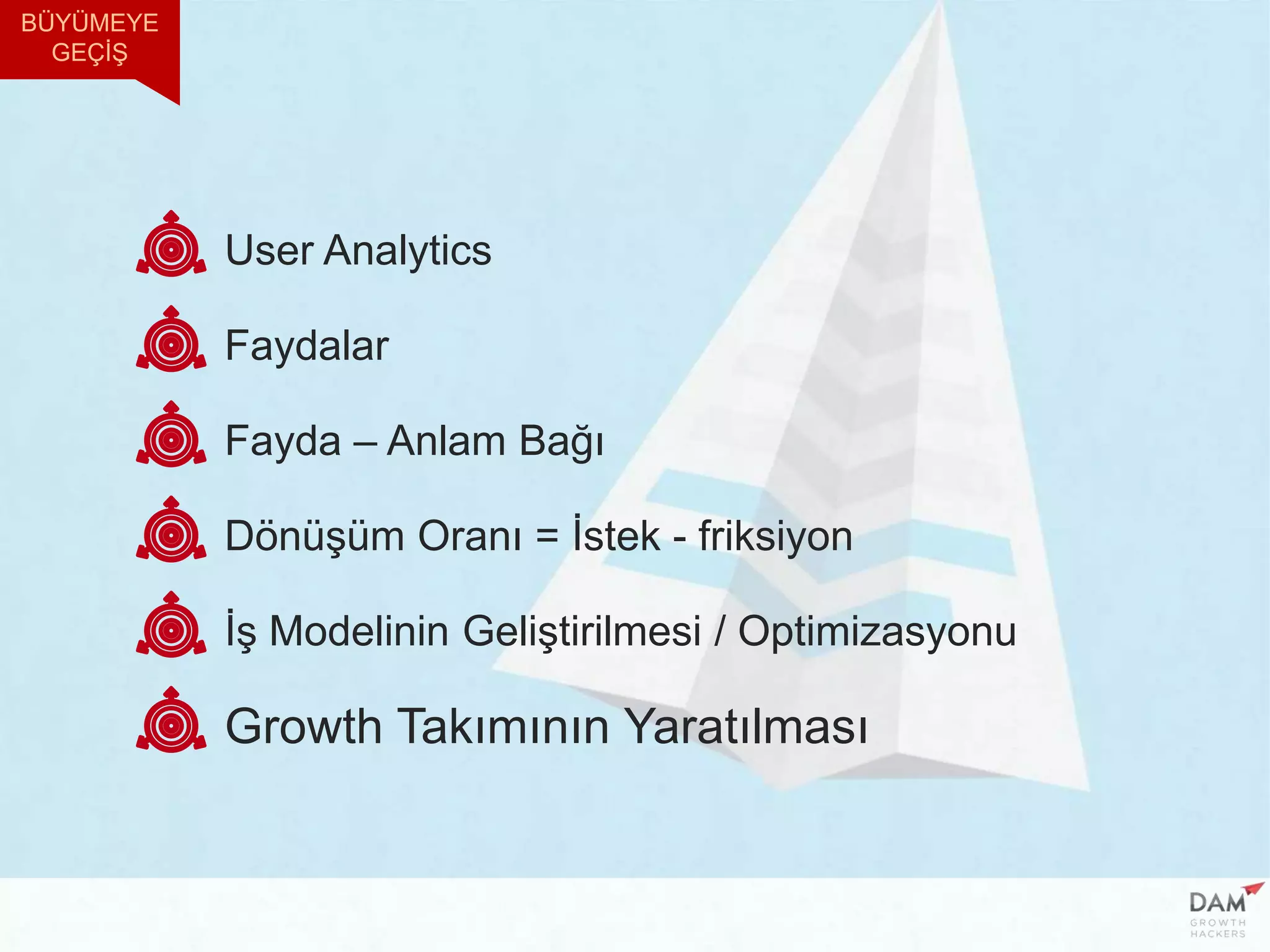 User Analytics
Faydalar
Fayda – Anlam Bağı
Dönüşüm Oranı = İstek - friksiyon
İş Modelinin Geliştirilmesi / Optimizasyonu
Growth Takımının Yaratılması
BÜYÜMEYE
GEÇİŞ
 