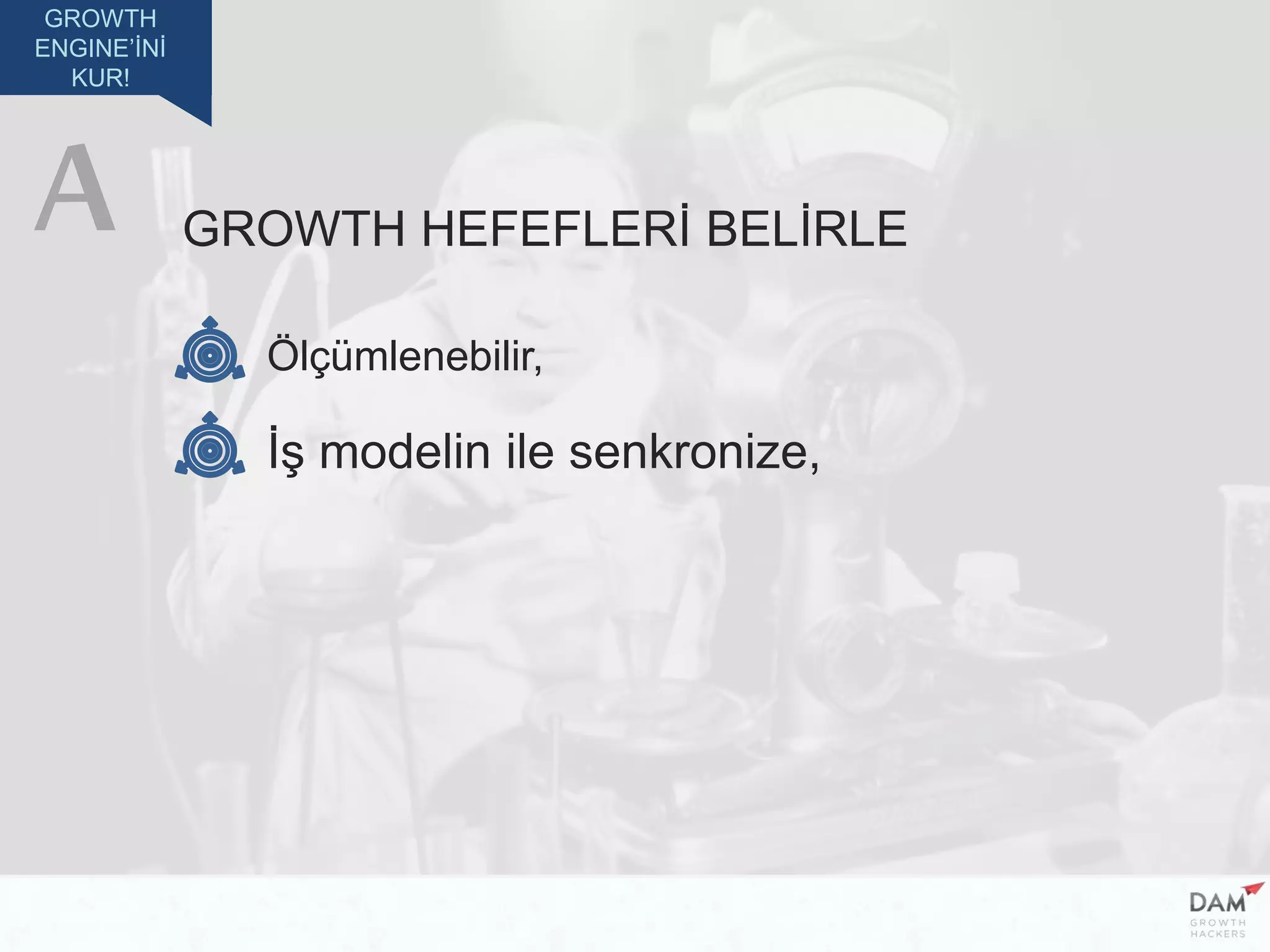 GROWTH
ENGINE’İNİ
KUR!
GROWTH HEFEFLERİ BELİRLE
Ölçümlenebilir,
İş modelin ile senkronize,
A
 