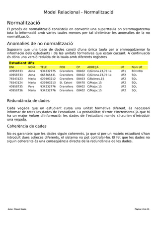 Desenvolupament aplicacions multiplataforma (DAM)
Mòdul 2 – Bases de dades
Durada mòdul: 231 hores
UF1 - Introducció a les bases de dades
Tema 1 – Model entitat-relació
Durada UF: 48 Hores
Durada: hores
Total hores:
Amb els camps «Data» i «Cavall» tota la resta de camps de la taula queden
determinats. La clau primària de la nostra taula és {data,cavall}.
A partir de les dependències funcionals es pot obtenir el model relacional, tot i que
les dependències funcionals és un sistema molt lent per a obtenir el model
relacional i s'utilitzen només per a validar que el model relacional compleix amb
totes les formes normals.
Autor: Miquel Boada Pàgina 13 de 32
 