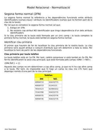 Desenvolupament aplicacions multiplataforma (DAM)
Mòdul 2 – Bases de dades
Durada mòdul: 231 hores
UF1 - Introducció a les bases de dades
Tema 1 – Model entitat-relació
Durada UF: 48 Hores
Durada: hores
Total hores:
No hi ha atributs compostos
En el nostre exemple hi ha 2 camps compostos, un relacionat amb la població i un altre
relacionat amb l'unitat formativa. Cal descomposar aquests atributs compostos amb els
valors simples.
Estudiant UFs
DNI Nom Telf. Nom CP Adreça Codi Nom Nota
40958733 Anna 934232775,61543121 Granollers 08402 C/Girona,23 UF1 BD 8
40958733 Anna 934232775,61543121 Granollers 08402 C/Girona,23 UF2 SQL 7
76543123 Maria 623903212 Granollers 08403 C/Balmes,15 UF2 SQL 8
75343788 Joan 934232775 Granollers 08402 C/Girona,23 UF2 SQL 7
40958735 Pere 934232776 Granollers 08402 C/Major,15 UF2 SQL 7
40958736 Maria 934232776 St. Celoni 08470 C/Major,15 UF2 SQL 7
No hi ha noms de camps duplicats
En el nostre exemple hi ha tres camps que estan batejats com a «nom». Per tant,
s'hauran de canviar el nom d'aquests camps per tal que la taula estigui en primera
forma normal.
Estudiant UFs
DNI Nom Telf. Població CP Adreça Codi UF Nota
40958733 Anna 934232775,61543121 Granollers 08402 C/Girona,23 UF1 BD 8
40958733 Anna 934232775,61543121 Granollers 08402 C/Girona,23 UF2 SQL 7
76543123 Maria 623903212 Granollers 08403 C/Balmes,15 UF2 SQL 8
75343788 Joan 934232775 Granollers 08402 C/Girona,23 UF2 SQL 7
40958735 Pere 934232776 Granollers 08402 C/Major,15 UF2 SQL 7
40958736 Maria 934232776 St. Celoni 08470 C/Major,15 UF2 SQL 7
Tots els valors de cada camp són atòmics
Per tal que la taula estigui en primera forma normal no hi poden haver-hi camps
multivalor. En aquest sentit, cal separar el telèfon («Telf.») que les dades mostren que és
un camp multivalor en una nova taula. La clau primària d'aquesta taula serà el camp o
camps determinants del camp «Telf.».
El primer que s'haurà de fer és buscar les dependències funcionals relacionades amb el
camp a separar: DNI → {Nom, Telf., Nom, CP, Adreça}
L'atribut «Telf.» té una dependència funcional respecte al camp DNI. Per tant, cal
generar una nova taula on es relacionin aquestes dues informacions. En la taula
original, cal eliminar l'atribut multivalor, ja que es podrà deduïr a partir del camp
Autor: Miquel Boada Pàgina 20 de 32
 