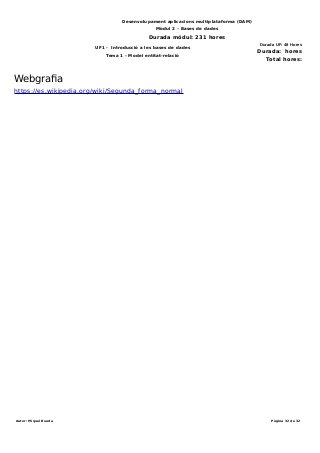 Desenvolupament aplicacions multiplataforma (DAM)
Mòdul 2 – Bases de dades
Durada mòdul: 231 hores
UF1 - Introducció a les bases de dades
Tema 1 – Model entitat-relació
Durada UF: 48 Hores
Durada: hores
Total hores:
Webgrafia
https://es.wikipedia.org/wiki/Segunda_forma_normal
Autor: Miquel Boada Pàgina 32 de 32
 