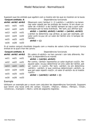 Desenvolupament aplicacions multiplataforma (DAM)
Mòdul 2 – Bases de dades
Durada mòdul: 231 hores
UF1 - Introducció a les bases de dades
Tema 1 – Model entitat-relació
Durada UF: 48 Hores
Durada: hores
Total hores:
Dependència funcional
Una dependència funcional es dóna quan a partir d'un o varis atributs d'un conjunt de
relacions es pot determinar el valor de qualsevol altre atribut. Existirà una dependència
funcional entre l'atribut «a1» i «a2» que pertanyen al mateix conjunt de relacions «A» si
sabent el valor de l'atribut «a1» sempre sé el valor de l'atribut «a2». Expressarem que
«a2» té una dependència funcional d'«a1» o bé que «a1» determina a «a2» utilitzant
una fletxa (→) i incloent entre {} tots els atributs que queden determinats.
a1 → {a2} : a1 determina a a2 o a2 té una dependència funcional d'a1
a2 → {a1} : a2 determina a a1 o a1 té una dependència funcional d'a2
Sistema càlcul dependència funcional
Una dependència funcional moltes vegades es pot deduir pel que representa l'atribut.
Així, per exemple, si tinc un atribut «codi postal» i un atribut «nom» (de la població),
està clar que donat un codi postal jo sempre podré dir quina població és: el nom de la
població té una dependència funcional respecte al codi postal o que el codi postal em
determina el nom de la població. En canvi, el nom de la població no determina el codi
postal, ja que Barcelona té molts codis postals: si dic Barcelona no puc donar només un
únic codi postal! El codi postal no té una dependència funcional en relació al nom de la
població.
Càlcul dependència funcional
Les dependències funcionals no sempre són tan clares com el codi postal i el nom d'una
població. Quan es dónen aquesta situació , cal disposar d'un sistema per a poder
determinar quines són les dependències funcionals. Per explicar el sistema suposarem
que tenim un conjunt d'entitats «A» amb els atributs «a1», «a2» i «a3».
1. Crearem una sèrie d'entitats que siguin representatives.
2. Mirarem quin atribut o atributs no tenen repeticions
3. Si hi ha un atribut que no té cap repetició, la resta d'atributs tindran una
dependència funcional respecte a aquest atribut.
Autor: Miquel Boada Pàgina 7 de 32
 