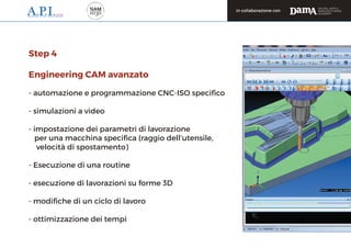 Step 4
Engineering CAM avanzato
- automazione e programmazione CNC-ISO speciﬁco
- simulazioni a video
- impostazione dei p...