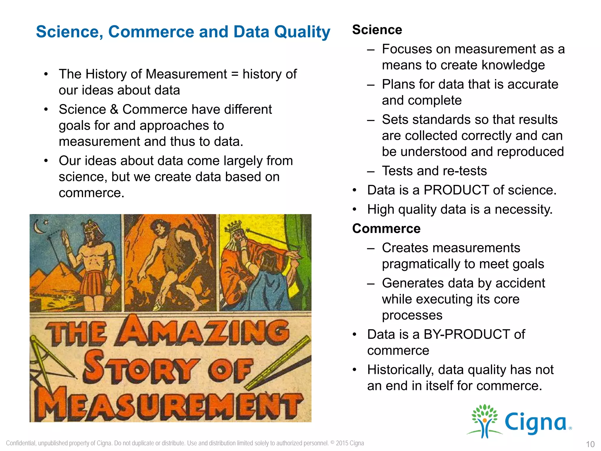 Science
– Focuses on measurement as a
means to create knowledge
– Plans for data that is accurate
and complete
– Sets standards so that results
are collected correctly and can
be understood and reproduced
– Tests and re-tests
• Data is a PRODUCT of science.
• High quality data is a necessity.
Commerce
– Creates measurements
pragmatically to meet goals
– Generates data by accident
while executing its core
processes
• Data is a BY-PRODUCT of
commerce
• Historically, data quality has not
an end in itself for commerce.
Science, Commerce and Data Quality
10
Confidential, unpublished property of Cigna. Do not duplicate or distribute. Use and distribution limited solely to authorized personnel. © 2015 Cigna
• The History of Measurement = history of
our ideas about data
• Science & Commerce have different
goals for and approaches to
measurement and thus to data.
• Our ideas about data come largely from
science, but we create data based on
commerce.
 