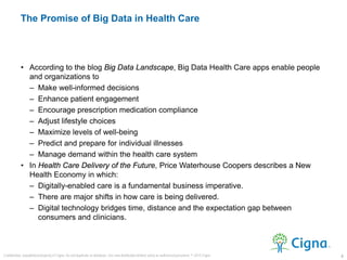• According to the blog Big Data Landscape, Big Data Health Care apps enable people
and organizations to
– Make well-informed decisions
– Enhance patient engagement
– Encourage prescription medication compliance
– Adjust lifestyle choices
– Maximize levels of well-being
– Predict and prepare for individual illnesses
– Manage demand within the health care system
• In Health Care Delivery of the Future, Price Waterhouse Coopers describes a New
Health Economy in which:
– Digitally-enabled care is a fundamental business imperative.
– There are major shifts in how care is being delivered.
– Digital technology bridges time, distance and the expectation gap between
consumers and clinicians.
The Promise of Big Data in Health Care
4
Confidential, unpublished property of Cigna. Do not duplicate or distribute. Use and distribution limited solely to authorized personnel. © 2015 Cigna
 