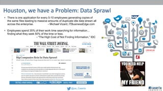 @joe_Caserta
Houston, we have a Problem: Data Sprawl
• There is one application for every 5-10 employees generating copies of
the same files leading to massive amounts of duplicate idle data strewn all
across the enterprise. - Michael Vizard, ITBusinessEdge.com
• Employees spend 35% of their work time searching for information...
finding what they seek 50% of the time or less.
- “The High Cost of Not Finding Information,” IDC
 