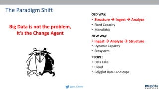 @joe_Caserta
OLD WAY:
• Structure  Ingest  Analyze
• Fixed Capacity
• Monolithic
NEW WAY:
• Ingest  Analyze  Structure
• Dynamic Capacity
• Ecosystem
RECIPE:
• Data Lake
• Cloud
• Polyglot Data Landscape
The Paradigm Shift
Big Data is not the problem,
It’s the Change Agent
 