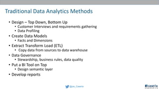 @joe_Caserta
Traditional Data Analytics Methods
• Design – Top Down, Bottom Up
• Customer Interviews and requirements gathering
• Data Profiling
• Create Data Models
• Facts and Dimensions
• Extract Transform Load (ETL)
• Copy data from sources to data warehouse
• Data Governance
• Stewardship, business rules, data quality
• Put a BI Tool on Top
• Design semantic layer
• Develop reports
 