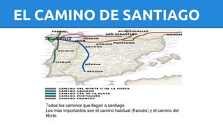 EL CAMINO DE SANTIAGO 
Todos los caminos que llegan a santiago. 
Los más importantes son el camino habitual (francés) y el camino del 
Norte. 
 