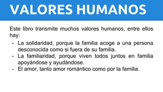 VALORES HUMANOS 
Este libro transmite muchos valores humanos, entre ellos 
hay: 
- La solidaridad, porque la familia acoge a una persona 
desconocida como si fuera de su familia. 
- La familiaridad, porque viven todos juntos en familia 
apoyándose y ayudándose. 
- El amor, tanto amor romántico como por la familia. 
 