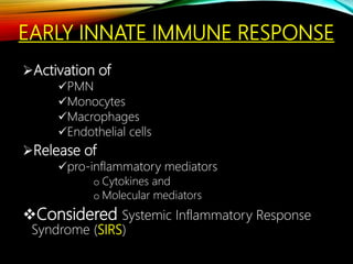 EARLY INNATE IMMUNE RESPONSE
Activation of
PMN
Monocytes
Macrophages
Endothelial cells
Release of
pro-inflammatory mediators
o Cytokines and
o Molecular mediators
Considered Systemic Inflammatory Response
Syndrome (SIRS)
 