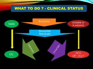 Stable
WHAT TO DO ? - CLINICAL STATUS
ETC
Unstable or
In extremis
DCO
OP – ICU ?
Borderline
Resuscitate
Reevaluate
 