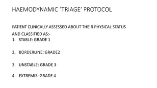 HAEMODYNAMIC ‘TRIAGE’ PROTOCOL
PATIENT CLINICALLY ASSESSED ABOUT THEIR PHYSICAL STATUS
AND CLASSIFIED AS:-
1. STABLE: GRADE 1
2. BORDERLINE: GRADE2
3. UNSTABLE: GRADE 3
4. EXTREMIS: GRADE 4
 