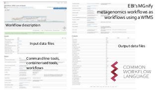 EBI’s MGnify
metagenomics workflows as
workflows using aWfMS
Workflow description
Input data files
Command line tools,
containerised tools,
workflows
Output data files
 