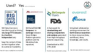 Used? Yes ….……
NIH DataCommons
transferring and archiving
very large HTS datasets
in a location-
independent way
keep the context of data
content together when
its scattered. Scalability
https://doi.org/10.1109/BigData.2016.7840618
A framework for
standardizing and
sharing computations
and analyses generated
from High-throughput
genome sequencing.
Standardized as IEEE
2791-2020
https://doi.org/10.1371/journal.pbio.3000099
Virtualized collaborative
working environment for
Earth Science researchers
to share resources (data,
workflows), ideas,
knowledge, and results.
NIH DataSTAGE RO
Composer to
exchange between
Seven Bridges
Platform genomics
platform and the
Mendeley Data
repository
https://doi.org/10.1016/j.future.2019.03.046
 