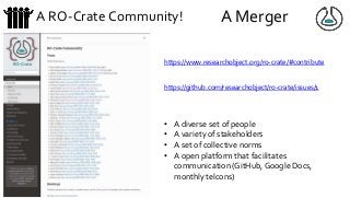 A RO-Crate Community!
https://www.researchobject.org/ro-crate/#contribute
https://github.com/researchobject/ro-crate/issues/1
A Merger
• A diverse set of people
• A variety of stakeholders
• A set of collective norms
• A open platform that facilitates
communication (GitHub, Google Docs,
monthly telcons)
 