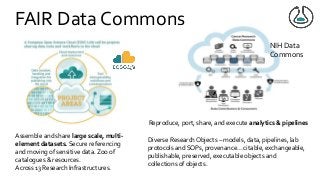 FAIR Data Commons
Diverse Research Objects – models, data, pipelines, lab
protocols and SOPs, provenance... citable, exchangeable,
publishable, preserved, executable objects and
collections of objects.
Assemble and share large scale, multi-
element datasets. Secure referencing
and moving of sensitive data. Zoo of
catalogues & resources.
Across 13 Research Infrastructures.
Reproduce, port, share, and execute analytics & pipelines
NIH Data
Commons
 
